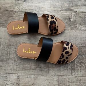 Lulu's Black & Leopard Print Slide Sandals